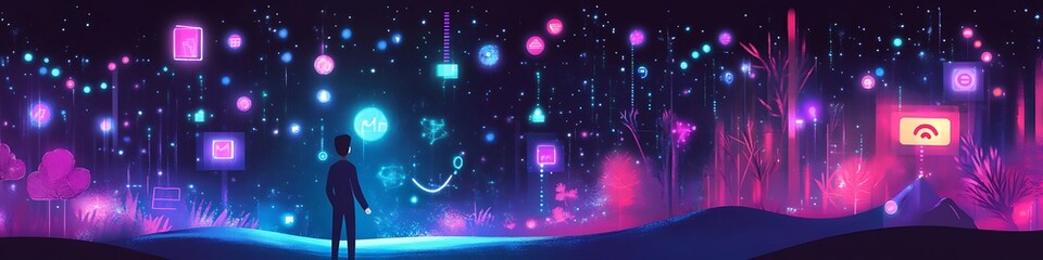 Obraz premium Man Observing a Vibrant Digital Forest of Icons and Symbols