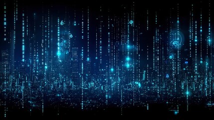 Digital Cityscape Data Rain Over Futuristic Metropolis