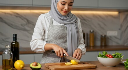a woman slices lemon in her kitchen preparing iftar meal showcasing culinary skills and ramadan traditions