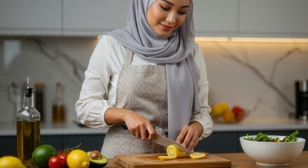 a woman prepares fresh ingredients slicing lemon in her kitchen for iftar meal highlighting culinary skills and ramadan observance