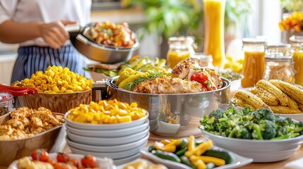 Fototapeta premium Air fryer for clean cooking in the kitchen. Vibrant spread of various delicious dishes and drinks on a table.