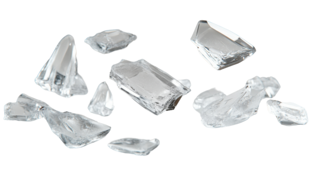 Shattered glass shards falling on transparent background
