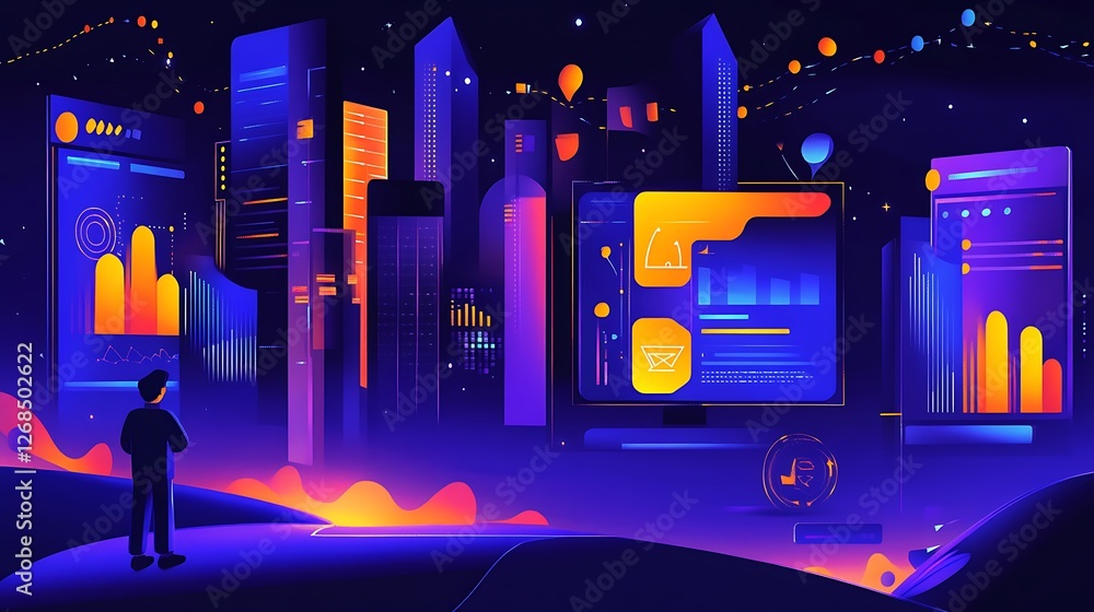 Poster futuristic cityscape with data analytics and a man observing