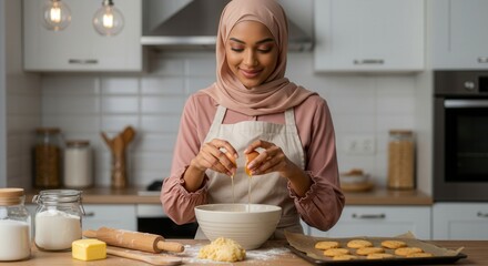 A woman wearing a pink top and a beige apron is cracking an egg over a mixing bowl filled with batter baking ingredients are nearby