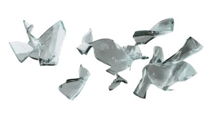 Shattered glass shards exploding on transparent background
