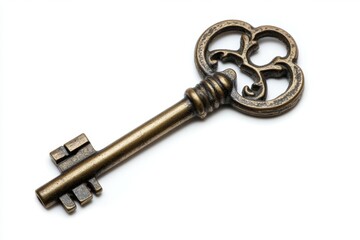 Antique key isolated on white, ornate design, security concept