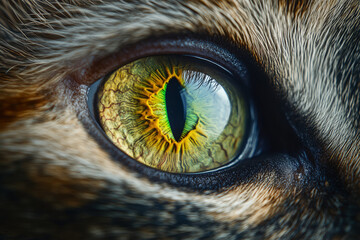 Extreme close-up of a cat's eye with intricate textures, vivid colors, and a striking vertical pupil