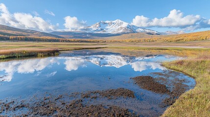 Autumnal Mountain Reflection, Calm Pond, Snow-capped Peak