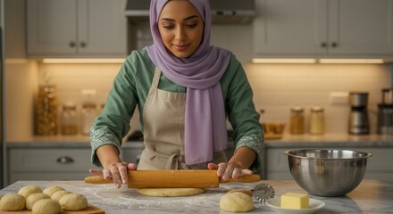 A woman wearing a green top and a light purple hijab is rolling out dough with a wooden rolling pin on a floured countertop