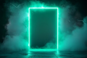 Teal neon portal, stormy backdrop, concrete floor, mockup