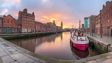 Obraz premium Serene sunrise paints vibrant city canal scene. Red boat gently rests reflecting warm light on calm water.. AI Generated