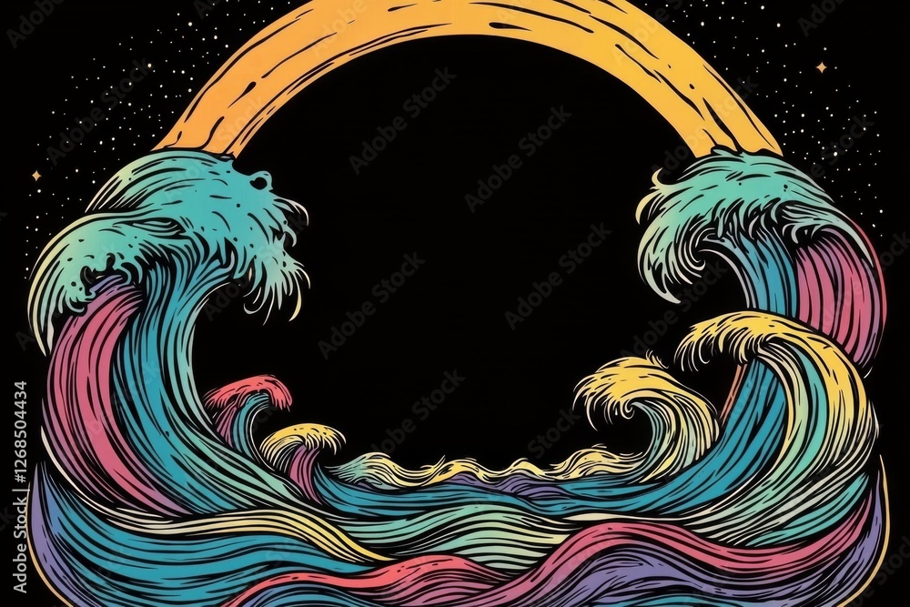 Poster artistic ocean waves with black background and text space