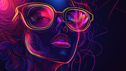 Fototapeta premium Abstract artistic image of a hipster girl, stylized neon outlines of a fashionable young woman with bright iridescent colors, huge glasses and bright lipstick