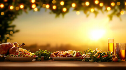 Sunset Dinner Feast with Roast Chicken and Side Dishes