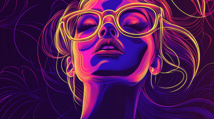 Fototapeta premium Abstract artistic image of a hipster girl, stylized neon outlines of a fashionable young woman with bright iridescent colors, huge glasses and bright lipstick
