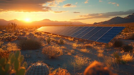 Desert Solar Panels at Sunset Golden Hour Landscape