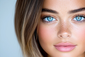 Fototapeta premium A woman with blue eyes and blonde hair. She has a pink lip color. The image is of a woman with a beautiful face
