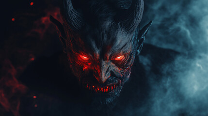 A terrifying demon with glowing red eyes and horns, a dark smoky atmosphere with smoldering sparks in the air