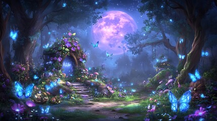 Obraz premium Enchanted Forest Night Magical Purple Moon Glowing Butterflies. AI Generated