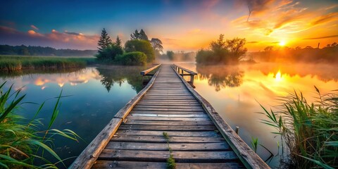 Abandoned Wooden Footbridge over Misty Lake at Sunrise - Copy Space Stock Photo