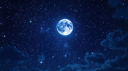 Obraz premium A starry night sky with a full moon shining brightly, surrounded by twinkling stars.