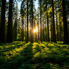 Obraz premium Sunset in a Lush Green Forest