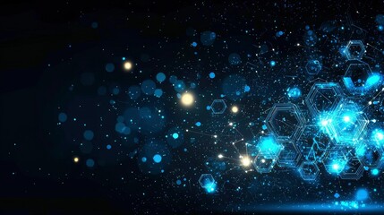 Naklejka premium Abstract Network Connection Glowing Hexagons and Particles in Dark Space