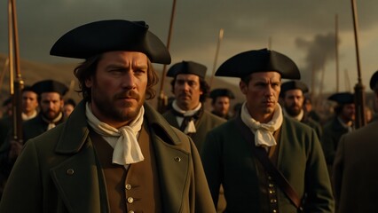 A historical film about the American Revolution with battle scenes. Cinematic lighting highlights the emotional and historical depth.