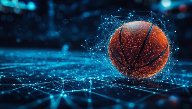Digital basketball court, glowing sphere, night game, tech background, sports promotion - Powered by Adobe