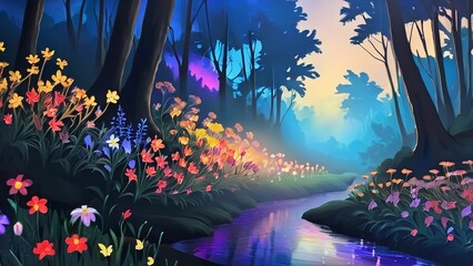 Fototapeta premium a painting of flowers that are in the grass with a river flowing through them in the middle of it