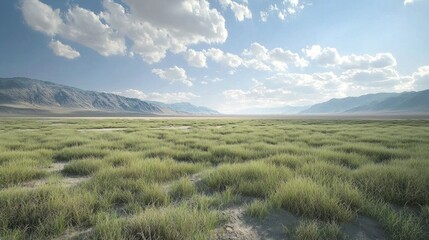Fototapeta premium Expansive desert grassland landscape under a partly cloudy sky