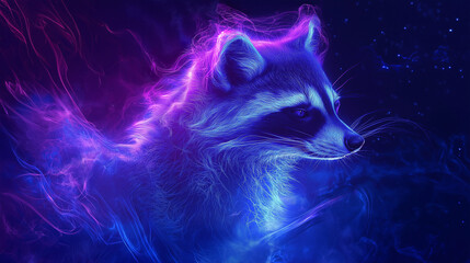 Abstract image of a raccoon, glowing neon outlines of an animal in shades of blue and purple