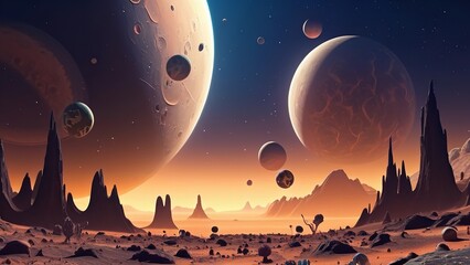 a beautiful desert scene with lots of planets in the sky and people looking for something