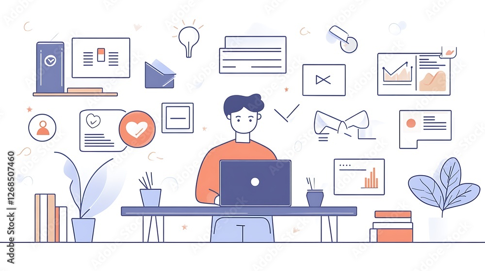 Poster man working at desk with laptop and business data