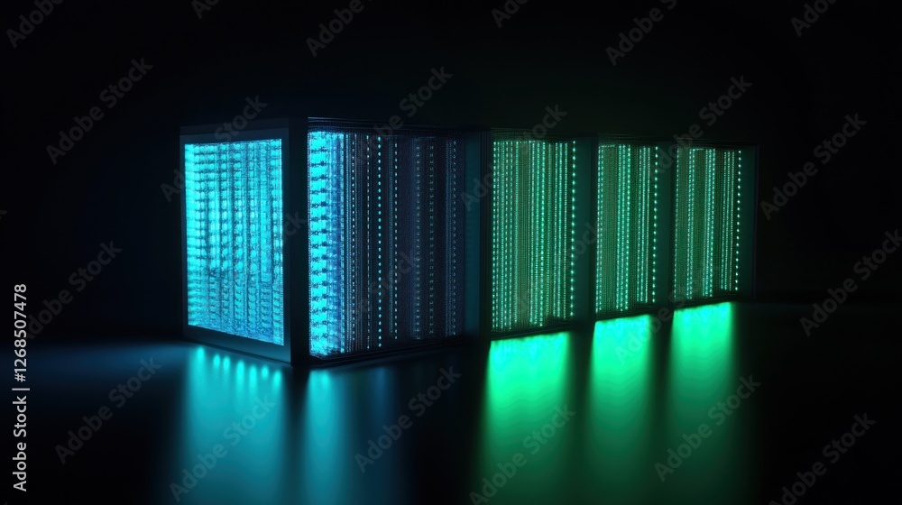 Poster futuristic glowing cube structures, technological concept, dark background, possible use in tech or 