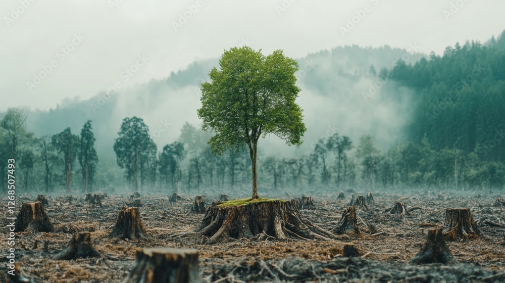 Aufkleber lonely tree stands in deforested area surrounded by tree stumps and misty mountains. generative ai