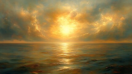 Fototapeta premium Golden sunset dramatically illuminates tranquil ocean waves. AI Generated