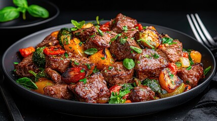 Fototapeta premium Grilled beef bites cooked with colorful bell peppers and broccoli served on a black plate.