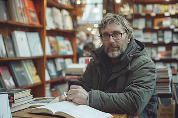 A writer author of books signs autographs in a bookstore among stacks of literary works.