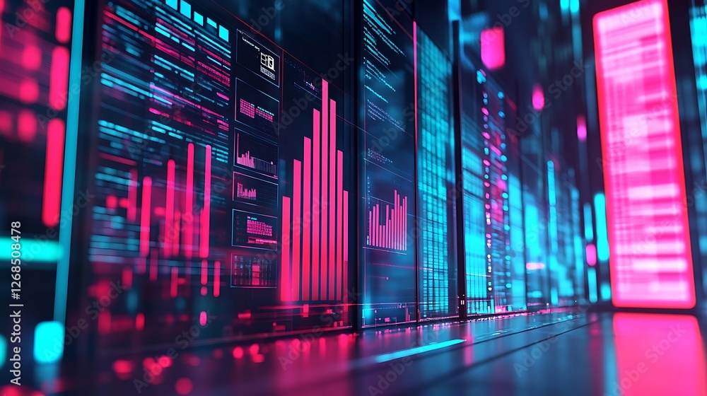 Poster neon displays showcasing data and code in a digital server room