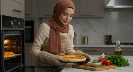 A woman wearing a hijab and an apron holds a steaming plate of pastry fresh ingredients and a bowl are on the countertop