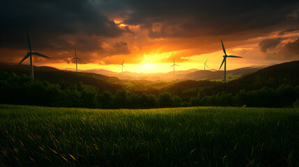 Obraz premium Sunset Landscape with Wind Turbines and Rolling Hills
