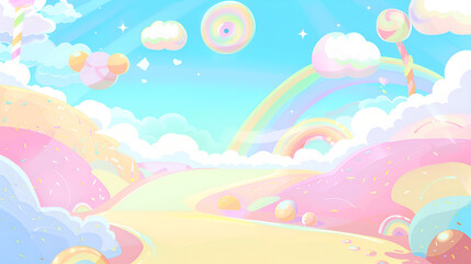 Colorful fantasy landscape with candy elements and rainbow under a bright sky