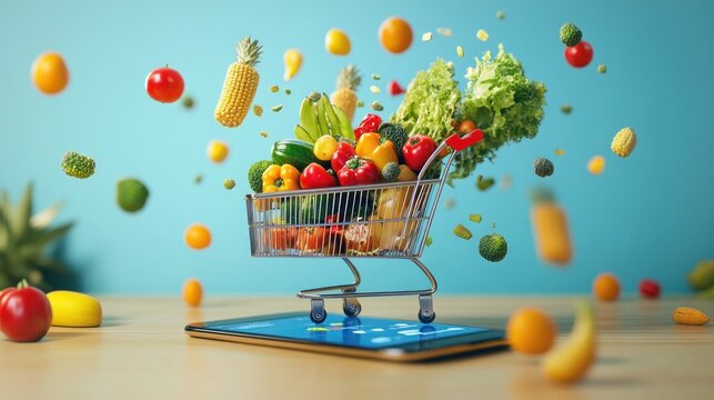 Online grocery shopping fruits, vegetables levitate above a tablet and shopping cart