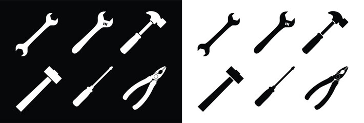 Tool Silhouette Icons Set – Wrench, Hammer, Screwdriver, Pliers, Mallet – Black and White Vector