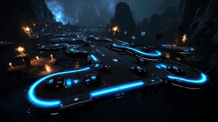 Naklejka premium Futuristic Aerial Racetrack at Night Sci-Fi Racing Circuit in Alien Landscape