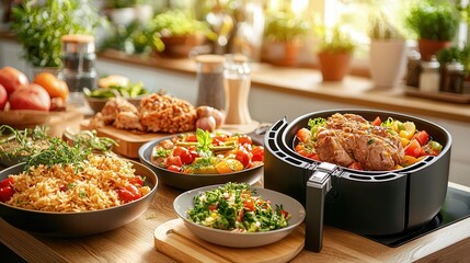 Obraz premium Air fryer for clean cooking in the kitchen. Delicious meals prepared with an air fryer on a wooden table.