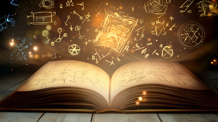 Magical open book with glowing ancient symbols and mystical drawings
