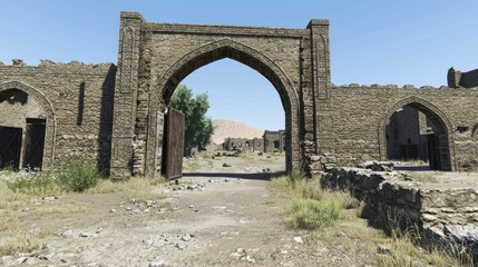 Fototapeta premium Ancient desert gate archway, ruins, empty street, distant mountains. Possible use game asset, historical illustration