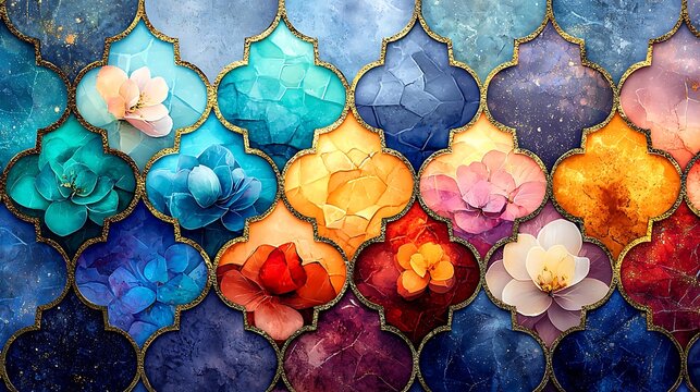 Colorful floral arabesque mosaic; cosmic background; design texture
